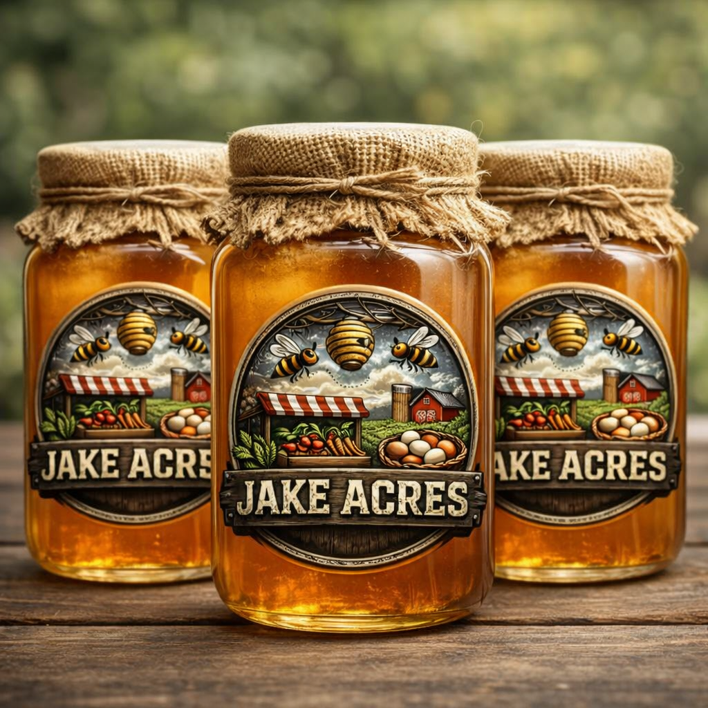 Three jars of honey with burlap cloth covers and labels featuring bees, honeycombs, farm buildings, and produce, with the text "Jake Acres".