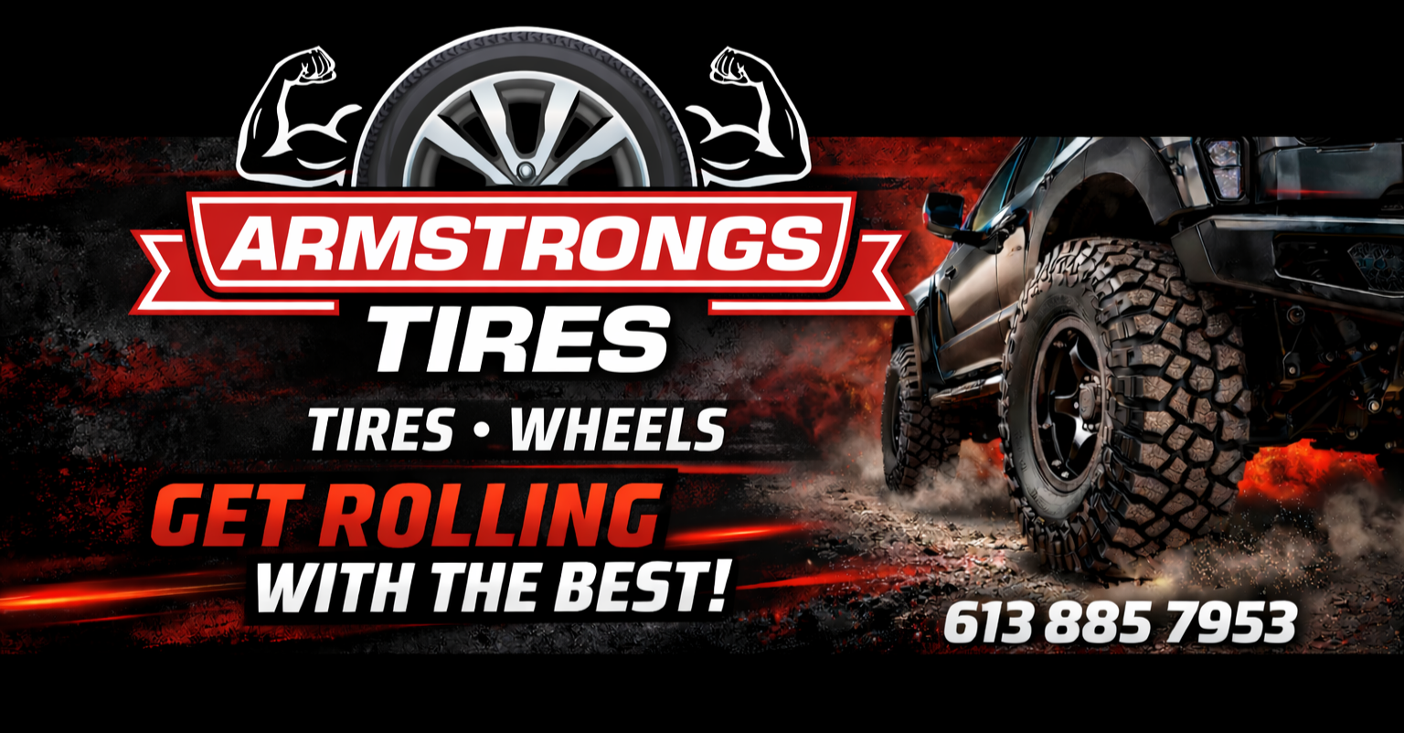 Advertisement for Armstrong Tires featuring a black off-road vehicle with large tires, a tire with flexed arm muscles above the brand name, and sponsoring text including customer contact number.