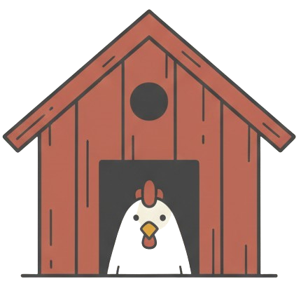 Illustration of a chicken in a small red barn with a circular window at the top.