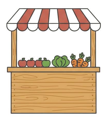 Illustration of a small outdoor vegetable stand with a striped canopy, displaying tomatoes, a green apple, lettuce, and carrots.
