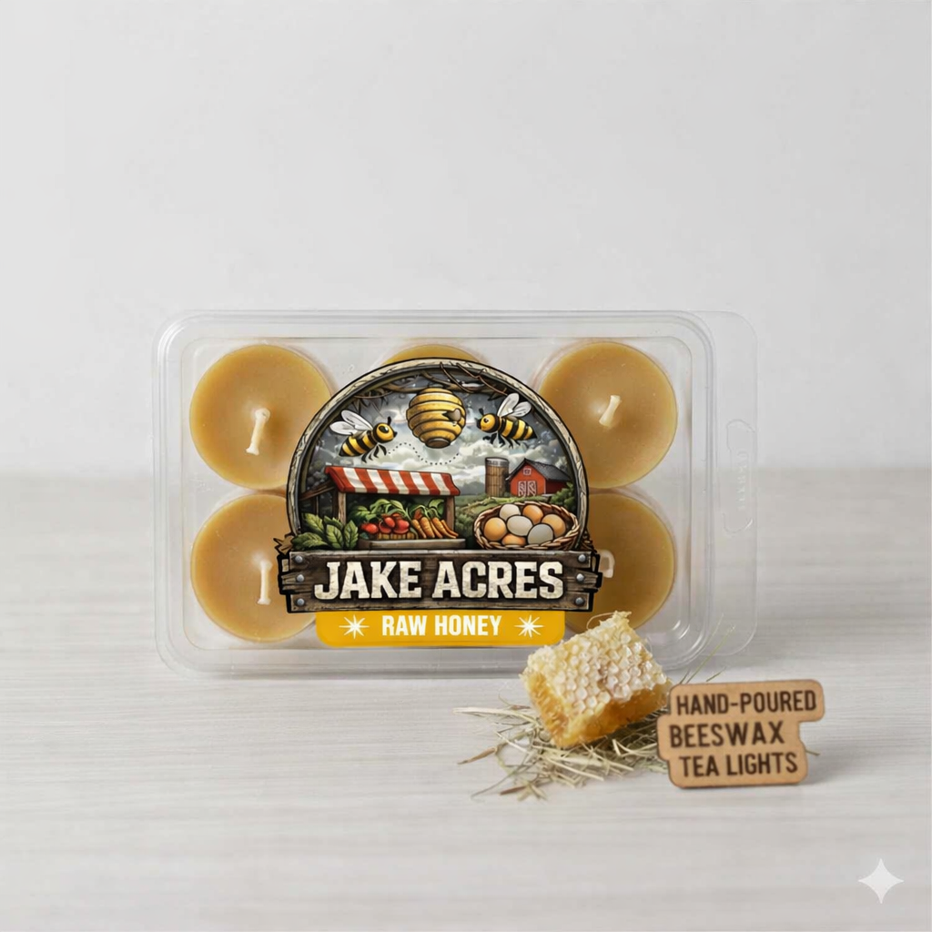 A clear plastic container with six round candles labeled as Jake Acres Raw Honey, some beeswax tea lights are placed outside the container along with a honeycomb piece and a small sign reading 'Hand-Poured Beeswax Tea Lights'.