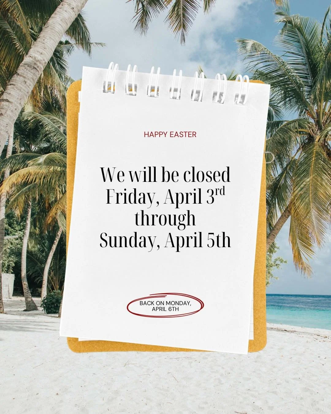 Hola familia!

In celebration of Easter, we will be closing Friday, April 3rd through Sunday, April 5th.

Wishing you a wonderful weekend. Be blessed.