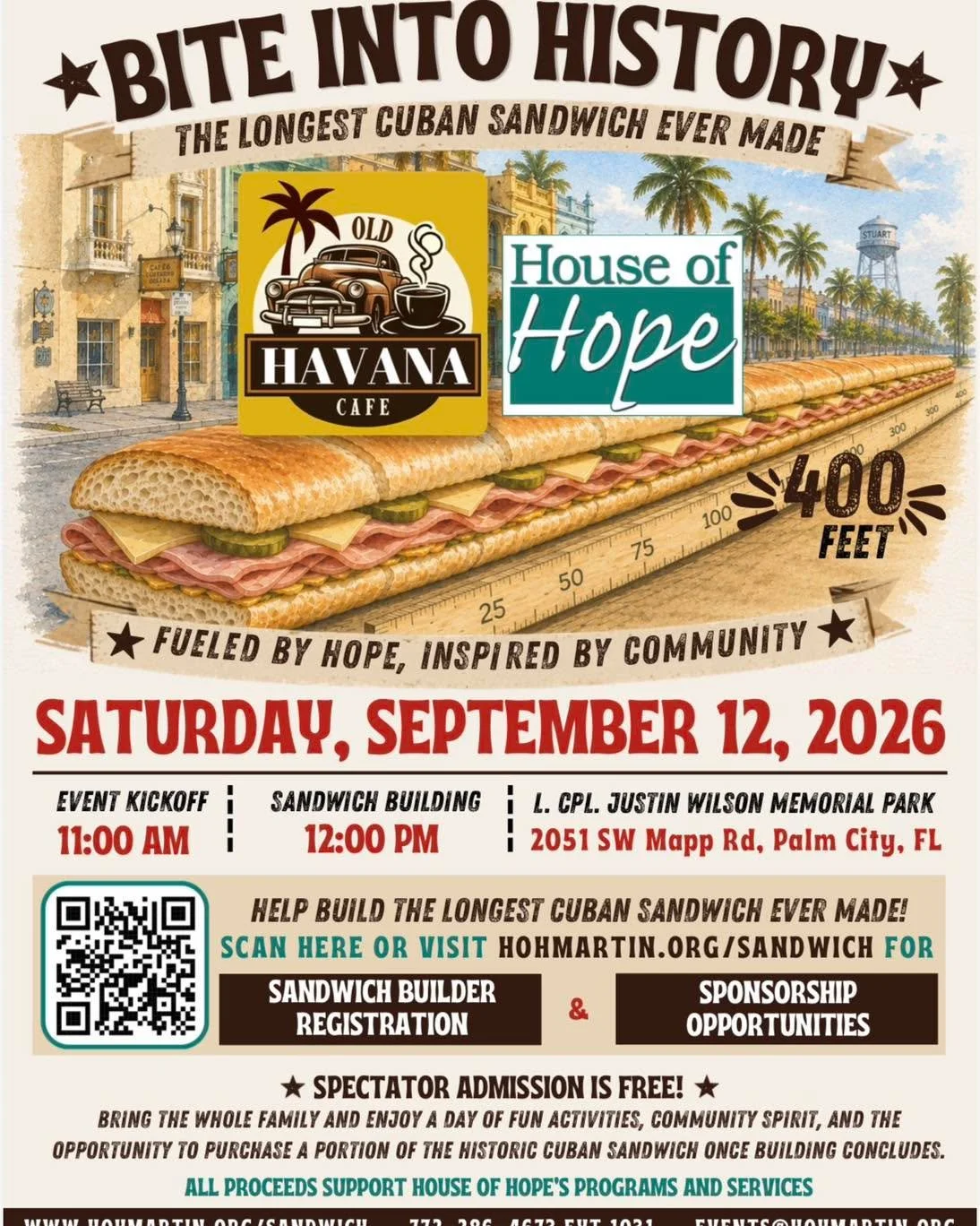 🥪 We&rsquo;re going for a world record.

On September 12, Old Havana Cafe and @houseofhopemc are teaming up to build the longest Cuban sandwich ever made - 400 feet of crispy, pressed Cuban sandwich goodness.

Will it be delicious? Absolutely.
Will 