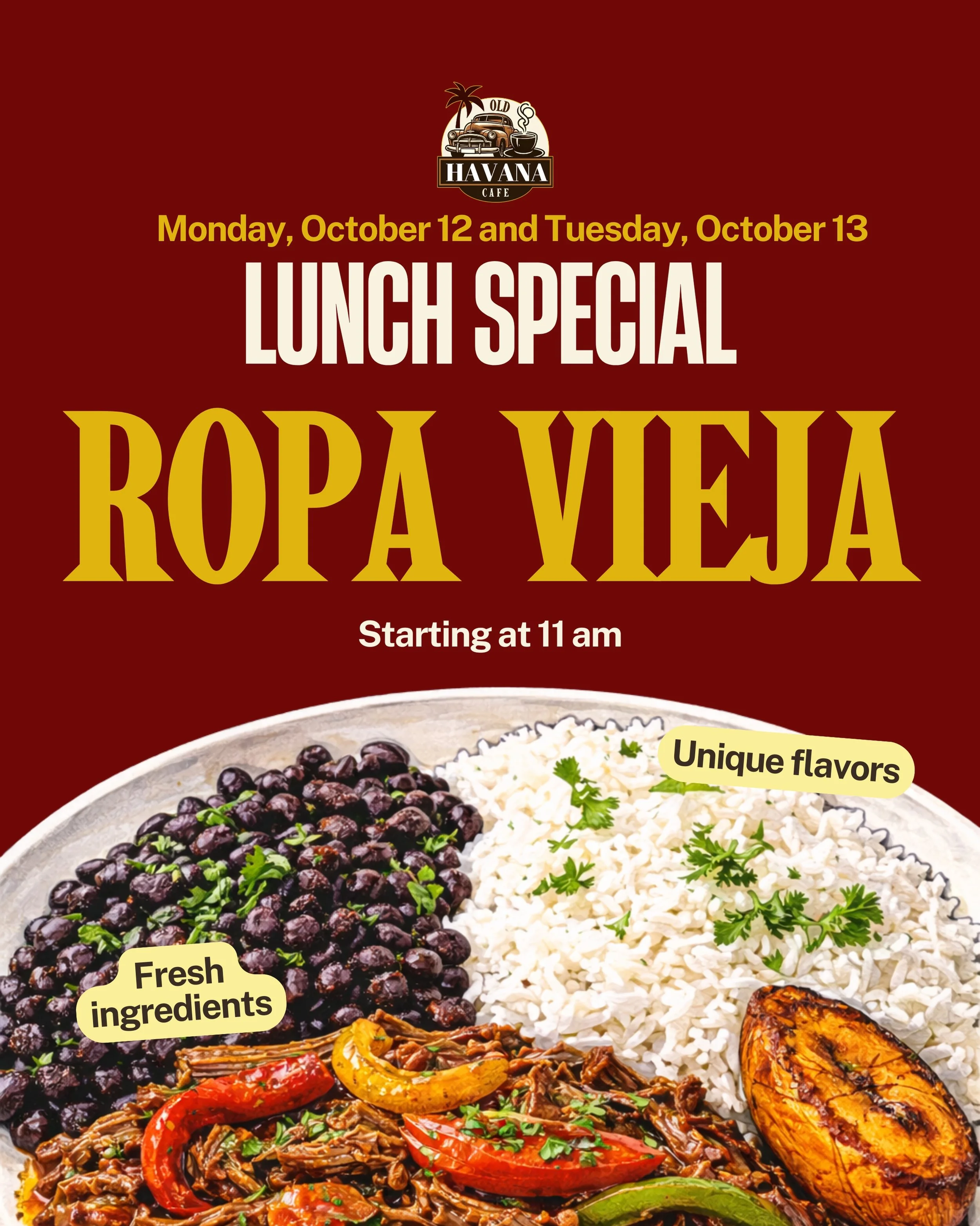 LUNCH SPECIAL! 🇨🇺

Shredded beef, slow-cooked until tender in a savory tomato-based sauce with peppers, onions, and Cuban seasonings. 🤤 Ropa Vieja is a Cuban classic that&rsquo;s packed with flavor in every bite.

Your lunch plans? Just made.

Mon