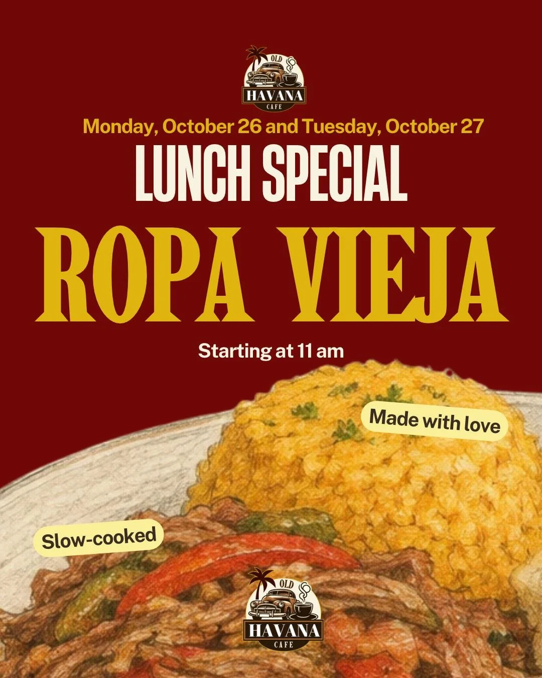 She's BACK... with a little twist! 👀

Our Ropa Vieja Special is serving up all the comfort: tender shredded beef with roasted peppers, but this week being served with golden saffron rice, and yuca drizzled in garlicky mojo sauce. 

Monday, October 2