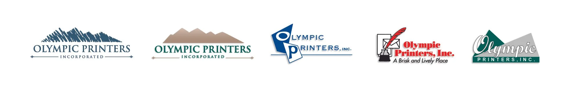 Five different logo designs for Olympic Printers, Inc., featuring mountains, stylized text, and printing-related symbols.