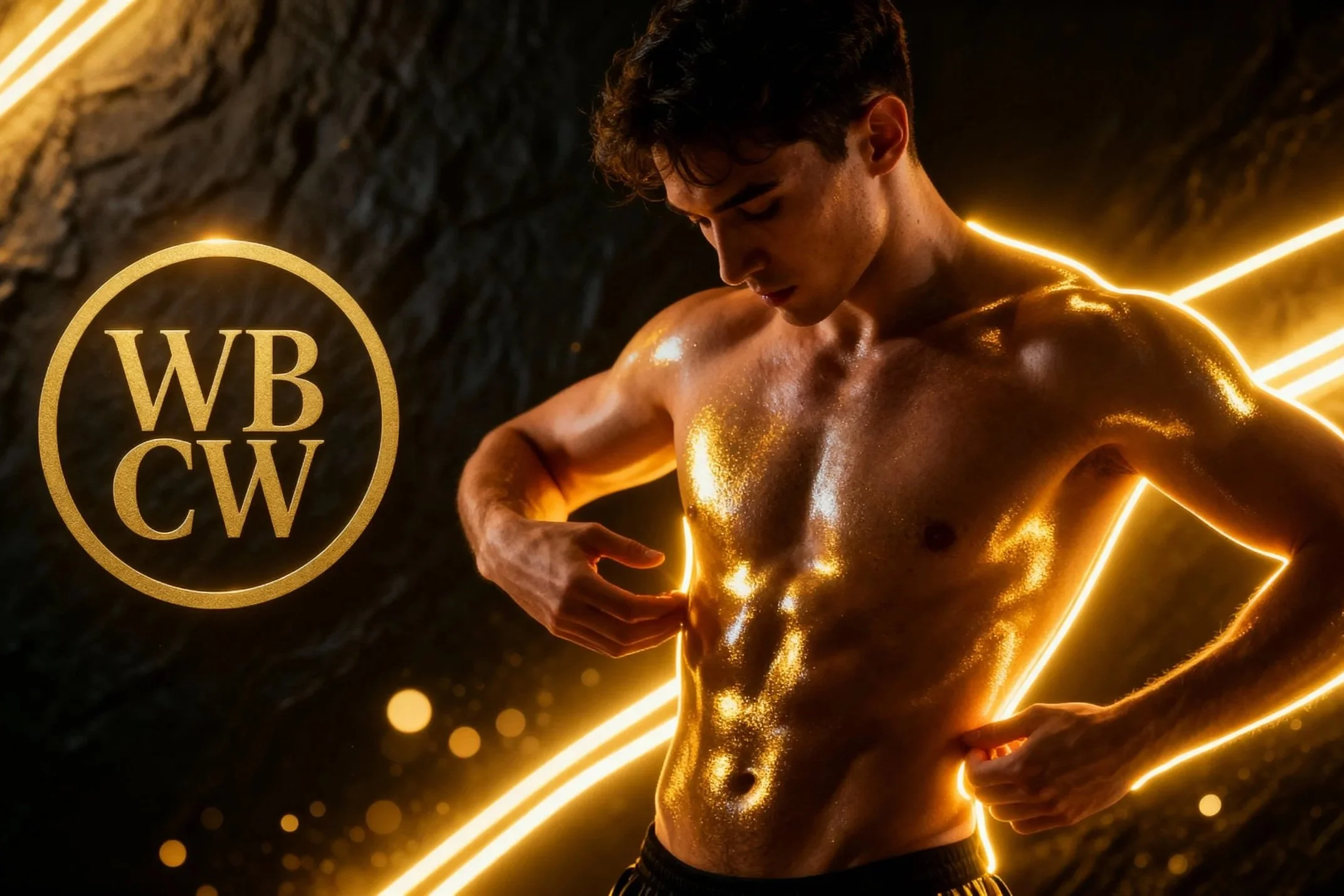 A shirtless man with a muscular physique and glitter on his skin, in a dark setting with glowing yellow-orange light outlining his body, and a circular logo with the letters "WB CW" in gold on the left side.