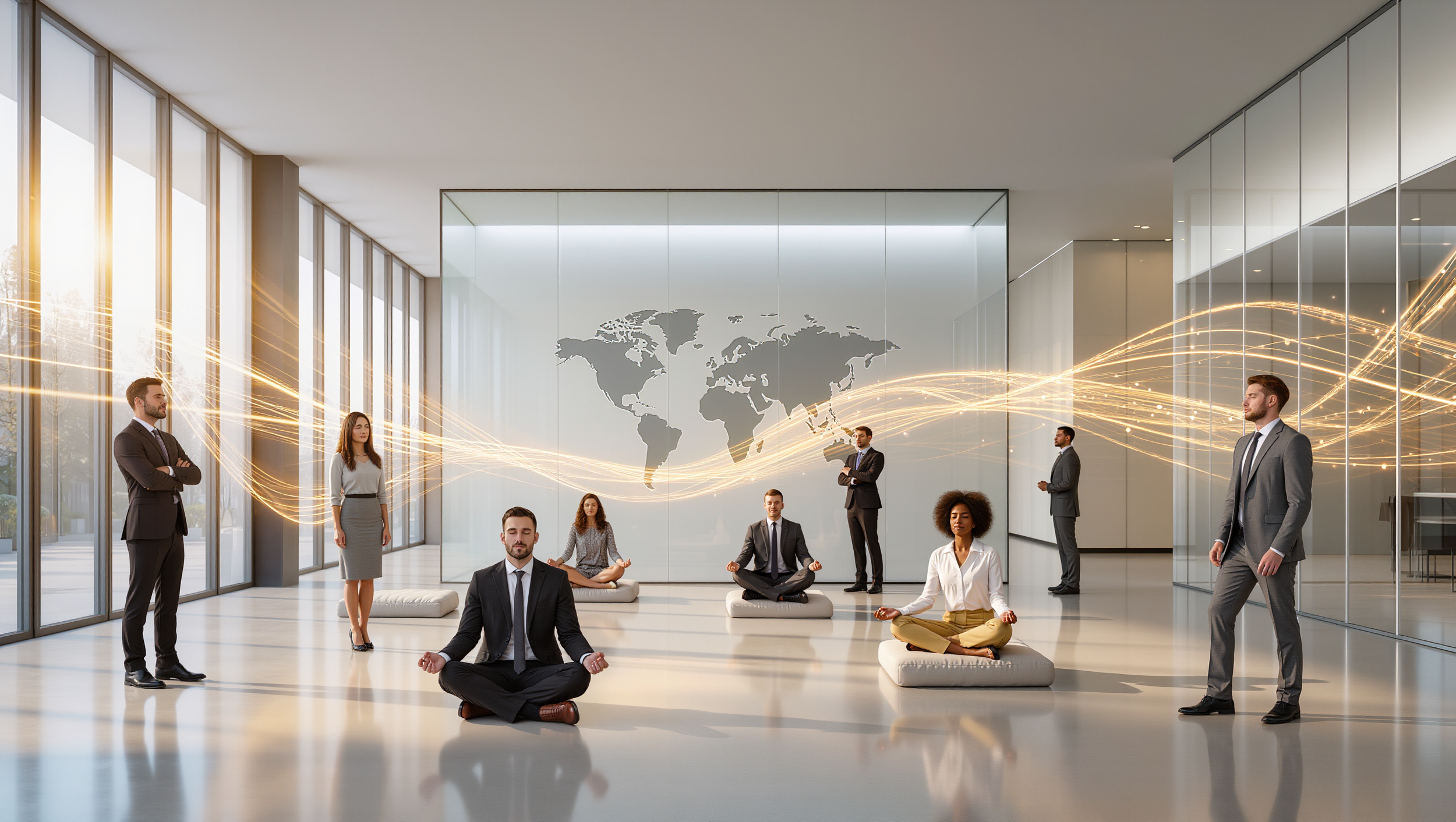 Corporate wellness session with professionals stretching in a modern black-and-gold office, soft natural light, and WorldBody branding.
