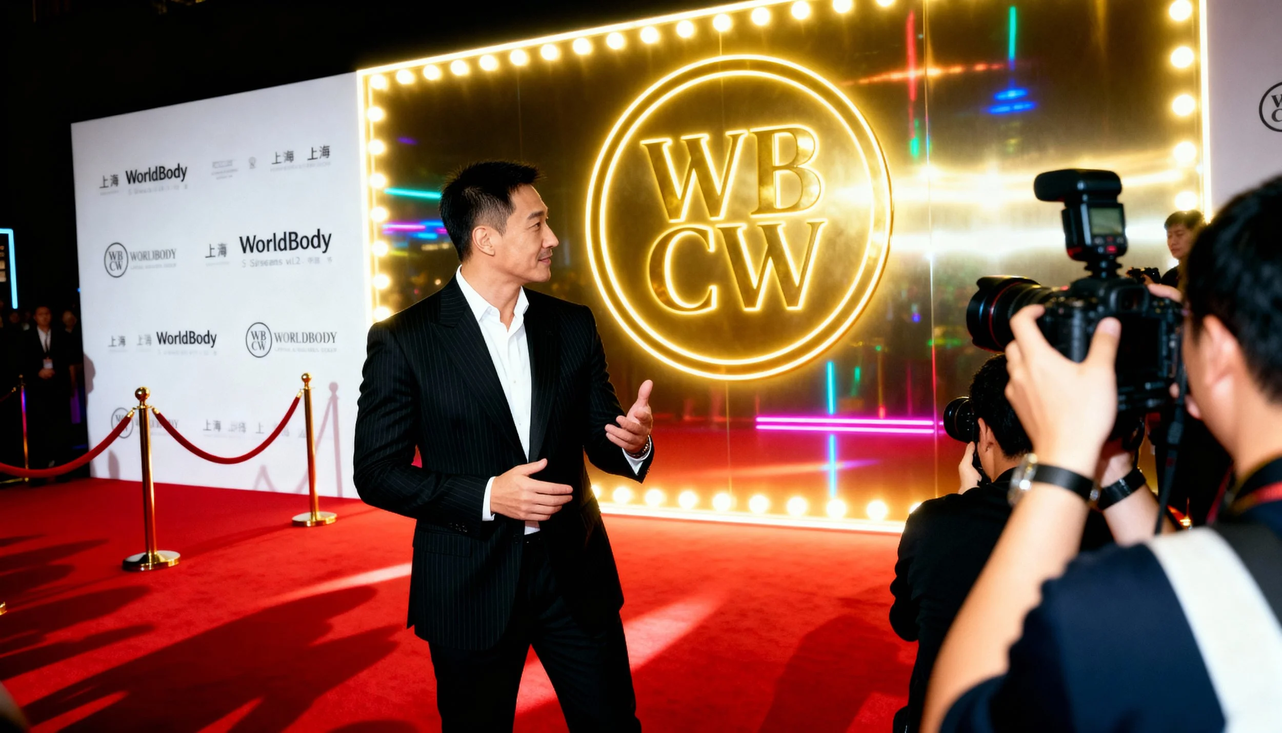 A man in a black pinstriped suit and white shirt walking on a red carpet while being photographed by a person with a professional camera. Behind him is a large illuminated sign with the letters 'WB CW' and the words 'WorldBody' on a backdrop. Other people are visible in the background.
