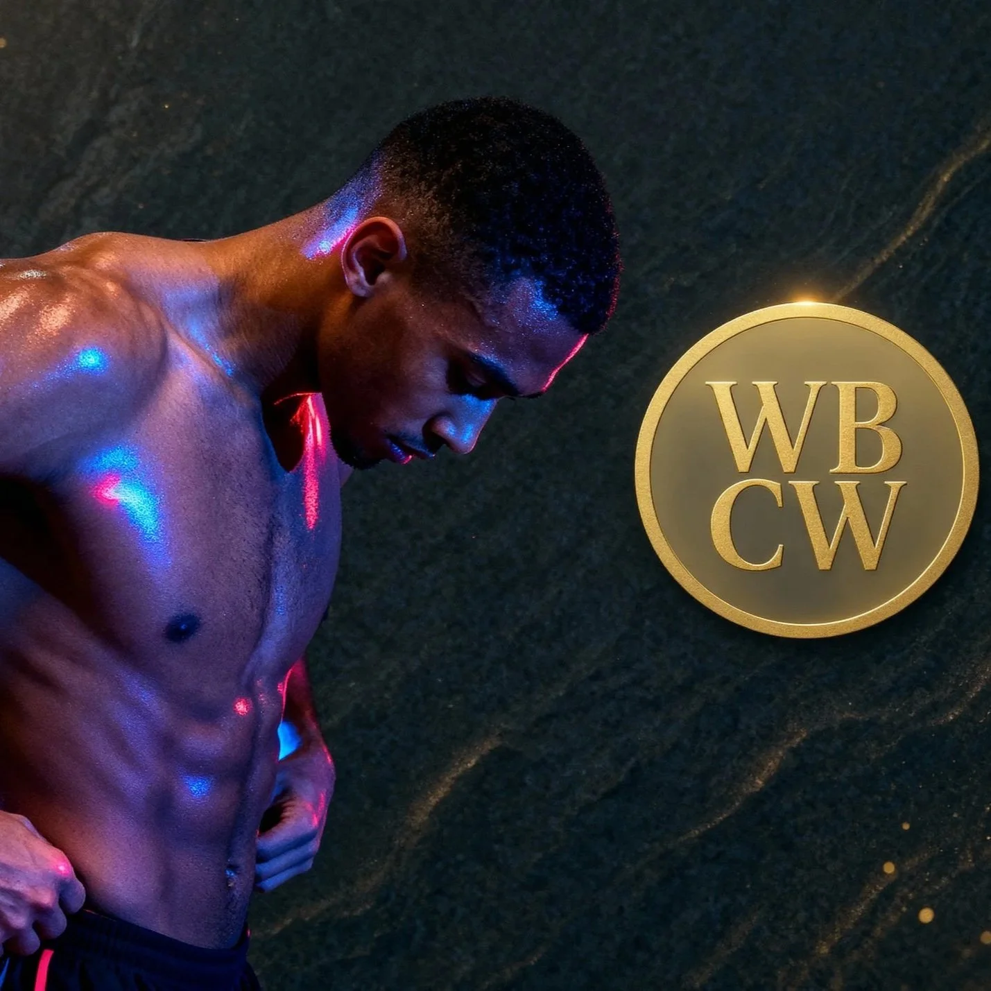 A shirtless athlete with a wet and muscular upper body leans forward with a focused expression, dark background, and a large gold and black circular logo with the initials 'WBCW'.