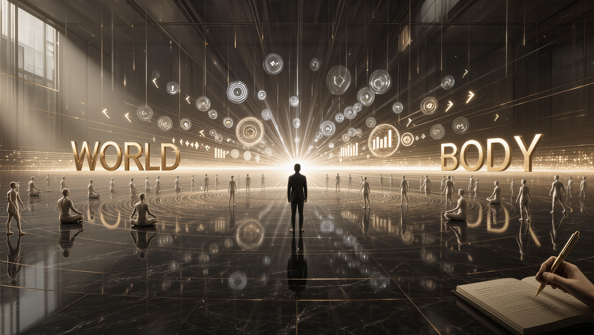 A digital art scene with a person standing in a futuristic space with meditation figures around, large illuminated words 'WORLD' and 'BODY' on either side, and various floating digital icons and graphs in the background, with a person writing in a notebook in the bottom right corner.
