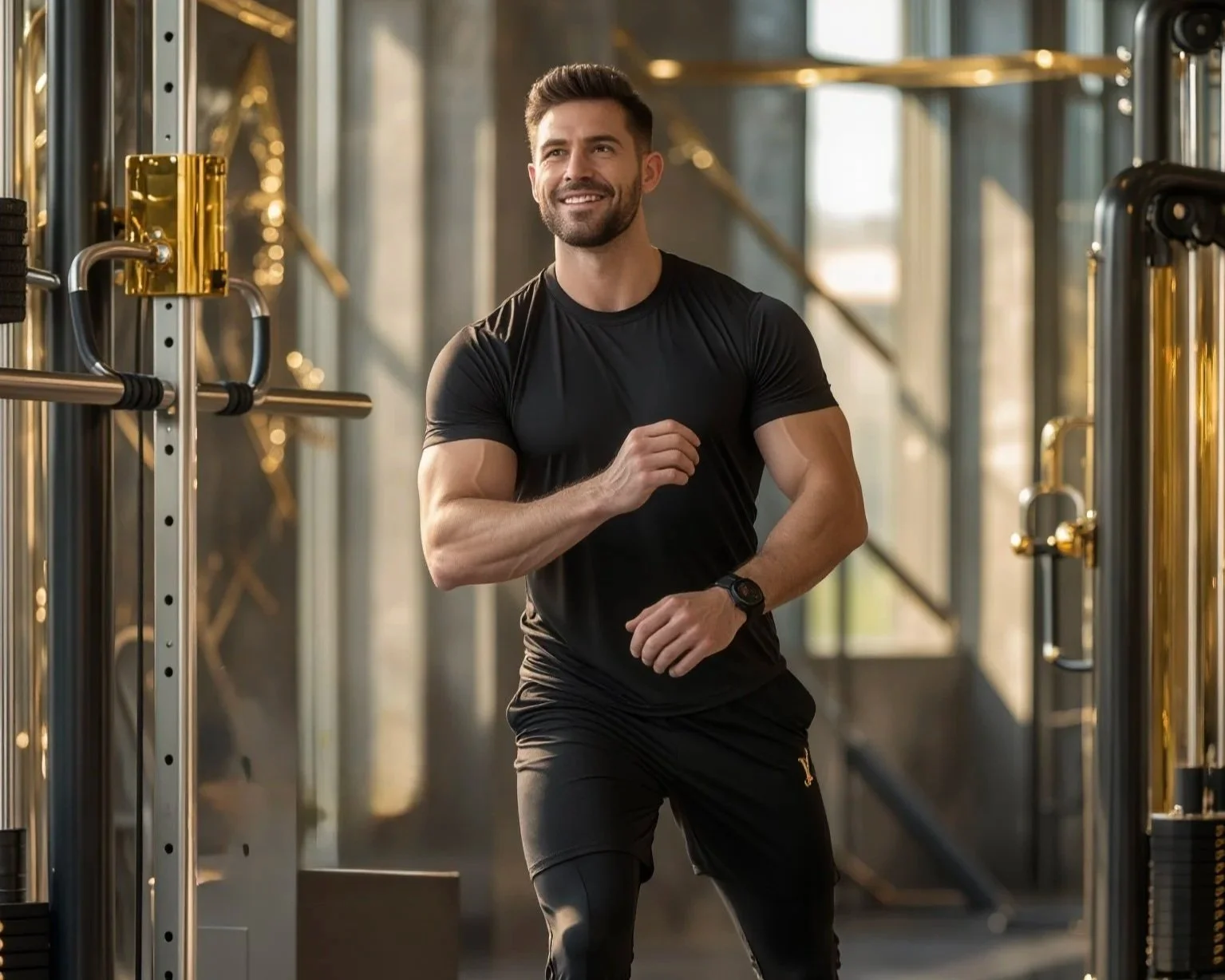 A man running on a treadmill in a gym with sunlight coming through large windows.