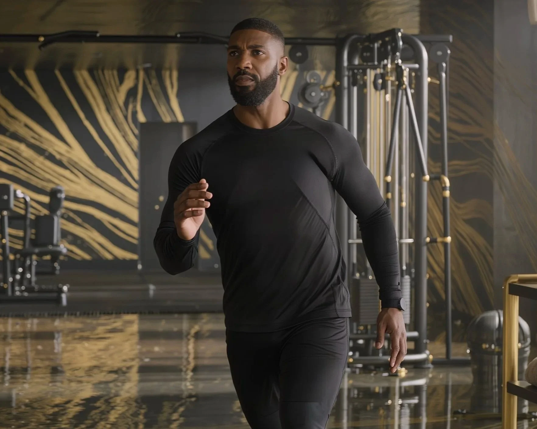 A man running in a gym, dressed in black athletic wear with gold and black gym equipment in the background.
