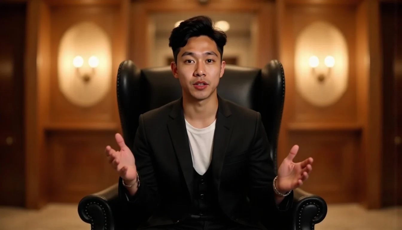A young man with dark hair, wearing a black blazer and white shirt, sitting in a black leather chair in a warmly lit room with wooden wall paneling and wall sconces.