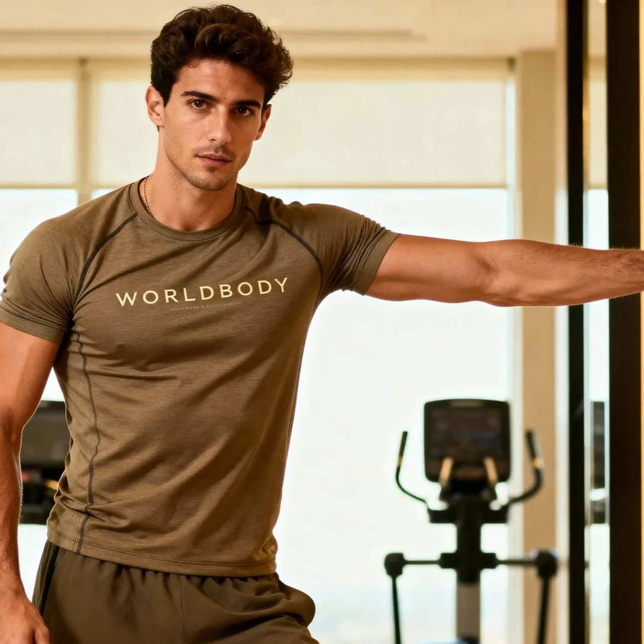 Young man in a gym, wearing a brown 'WORLD BODY' athletic shirt, stretching with his arm out. In the background, there is an exercise bike and gym windows.