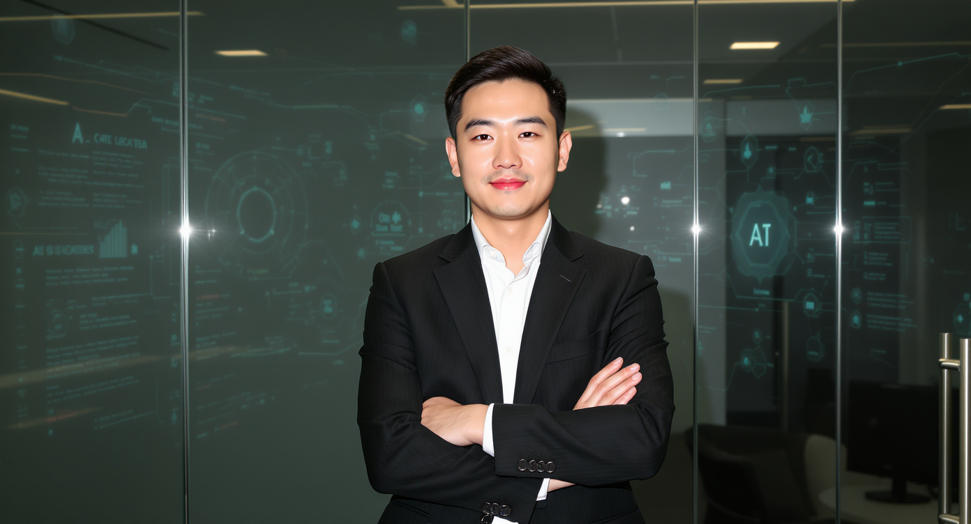 A young man in a black suit with a white shirt stands confidently with arms crossed in front of a glass wall with futuristic digital interface graphics.