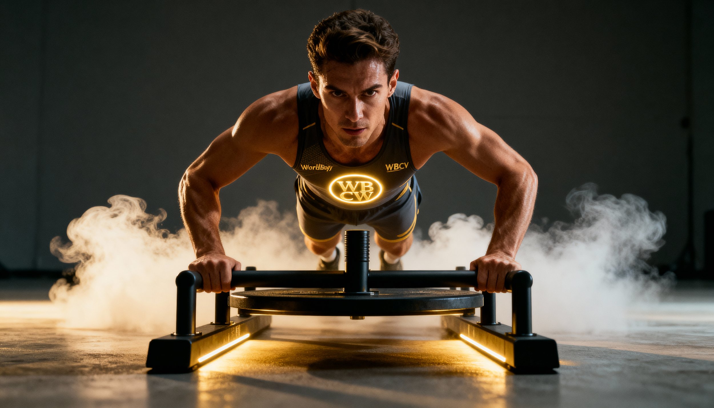 A male athlete in workout gear performing a push-up with a sled on the floor, surrounded by steam or smoke in a dark gym environment.