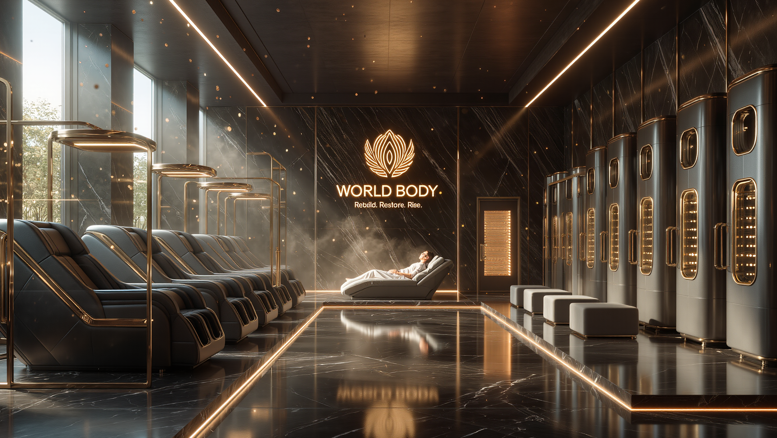 A landscape of rolling green hills with a modern building nestled in the foreground, and snow-capped mountains in the background under a cloudy sky.