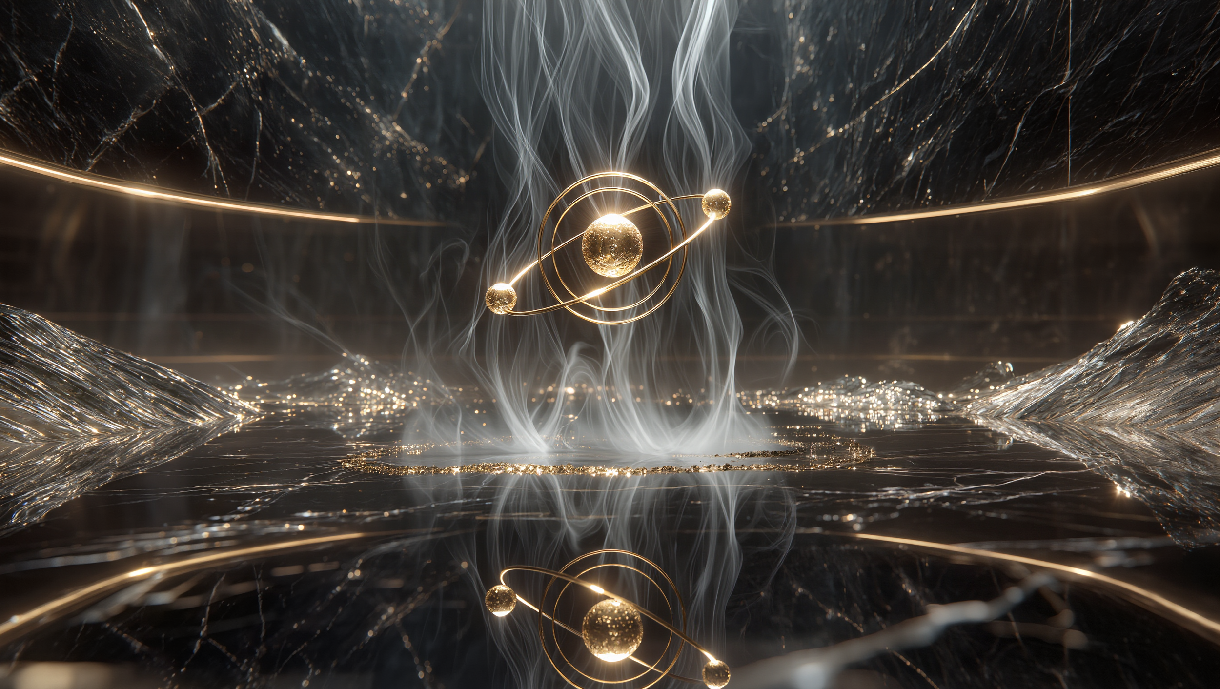 A digital rendering of an atom with orbiting electrons, glowing in gold, set against a dark, abstract space-like background with reflective, textured surfaces and wisps of smoke or energy.