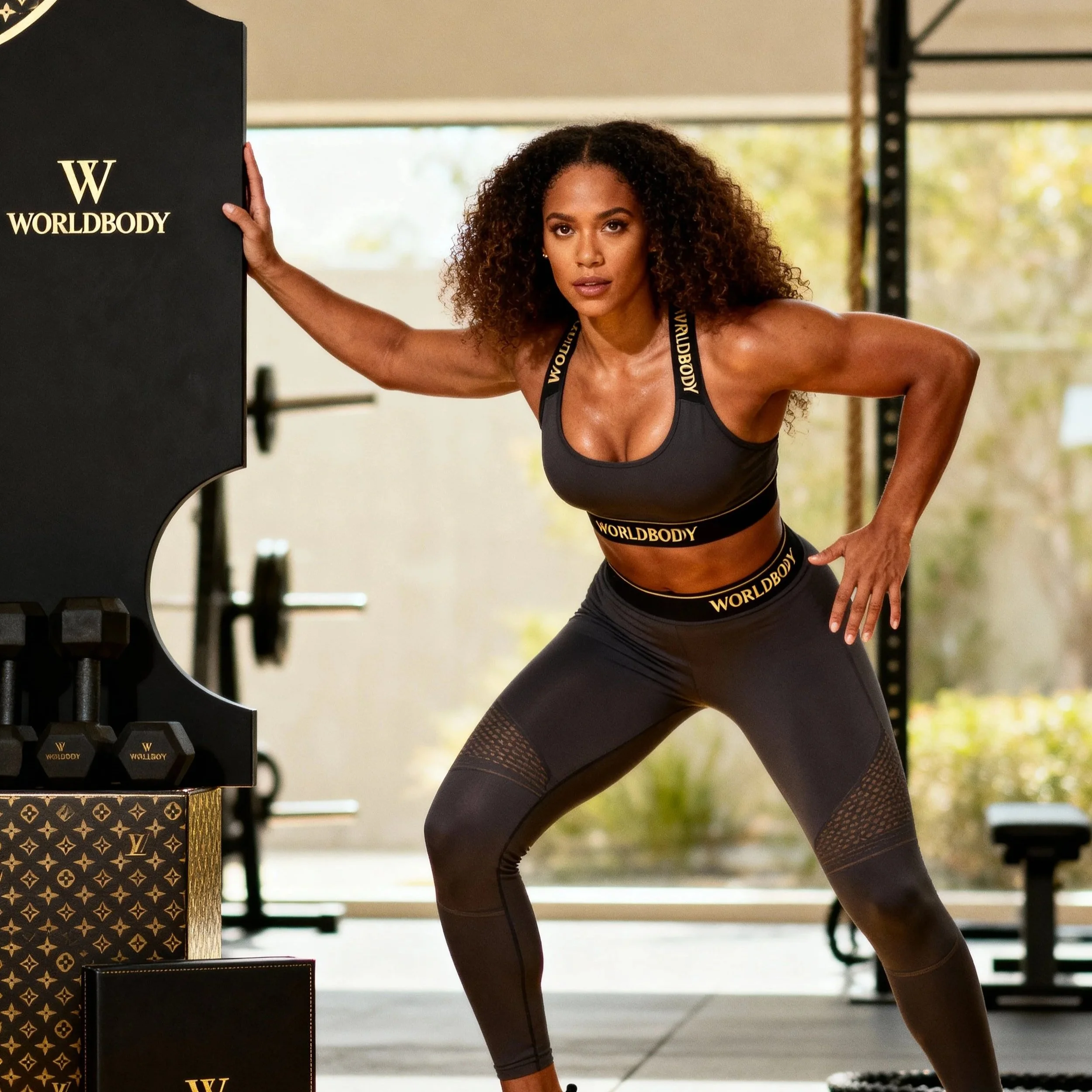 A fit woman in black sportswear working out with resistance bands in a gym.