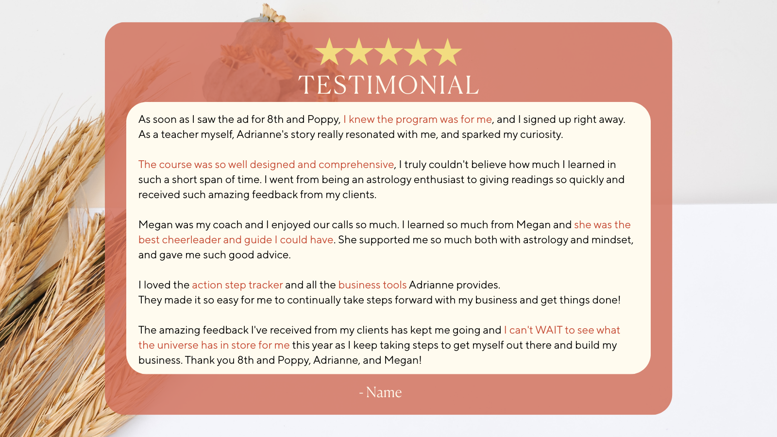 Testimonial page with five stars, a beige speech bubble containing positive feedback about a program, highlighted text in red, and a wheat stalk background.