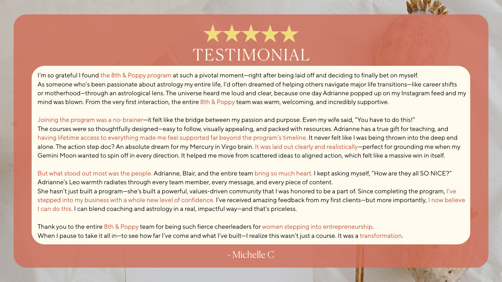 A testimonial card with a peach-colored background and rounded corners, featuring five gold stars at the top, the title 'TESTIMONIAL' in white, and a block of text in black and red font. The background shows a pomegranate and a flower on a light surf