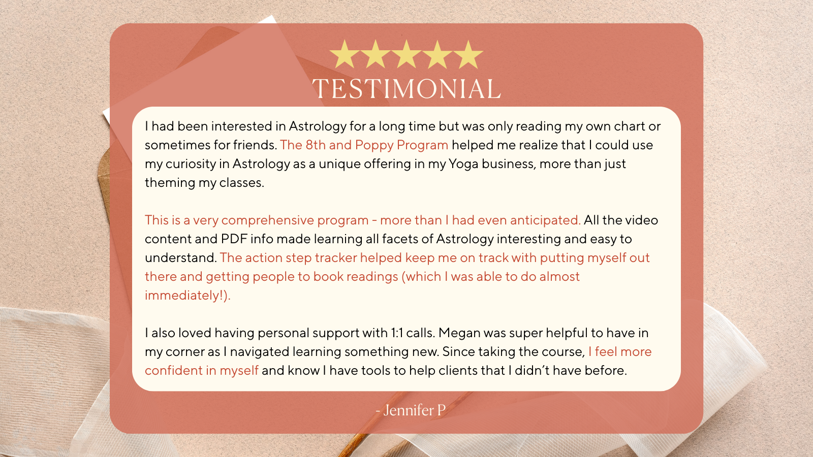 Testimonial card with a five-star rating, displaying positive feedback about an astrology program, on a textured beige and pink background with decorative elements.