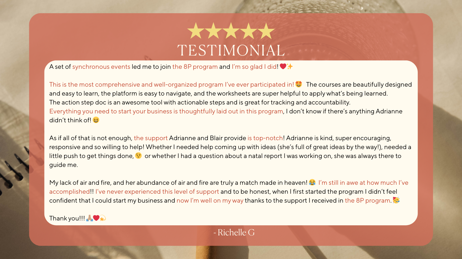 A testimonial graphic with five gold stars at the top, quote from Richelle G praising a program, with emojis, on a pink background with a blurred top view of a notebook, pen, and pencil on a beige surface.