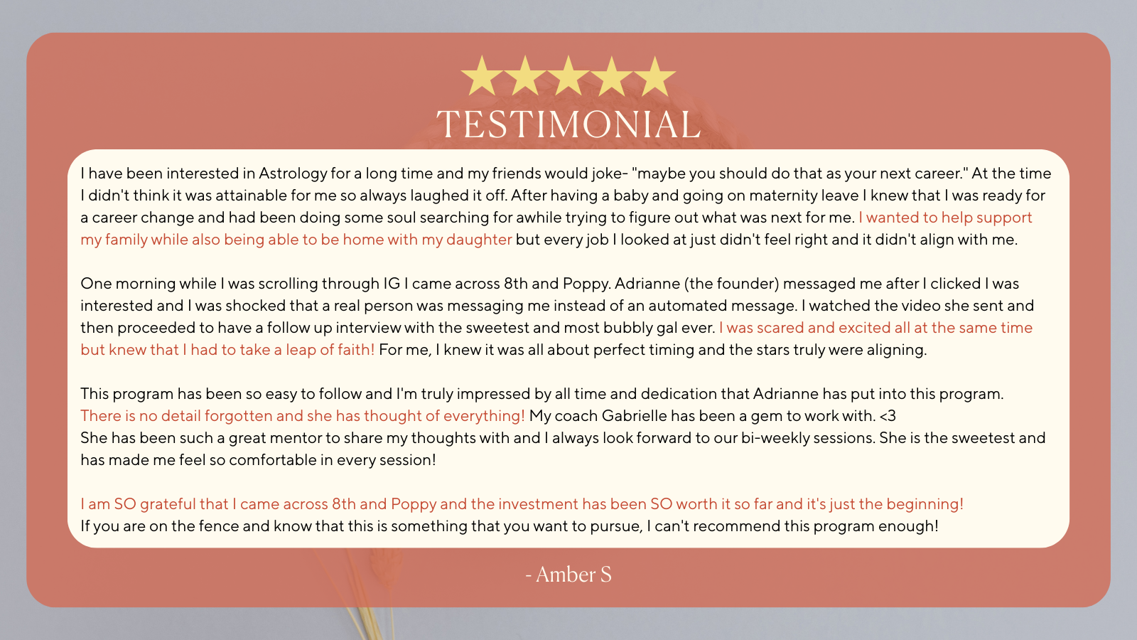 Testimonial with five gold stars at the top, titled 'TESTIMONIAL,' on a brown background with rounded corners. The text is a positive review about an astrology program, written in black and red, ending with the name Amber S.