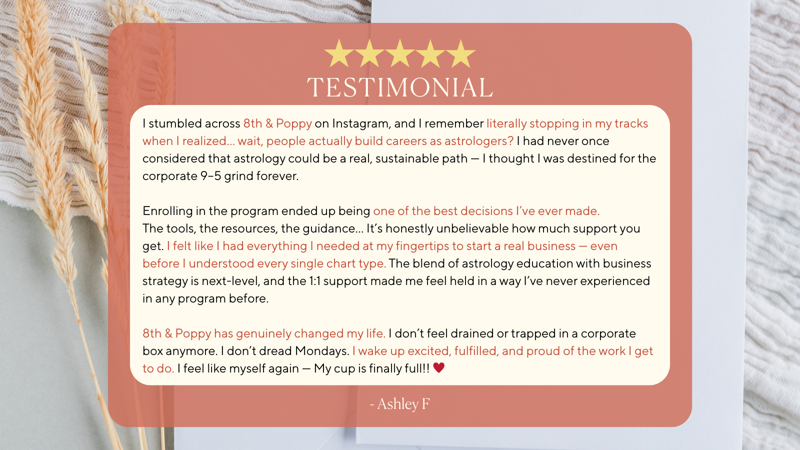 Testimonial card with a four-star rating, showing a positive review about astrology education and a personal transformation, with a background of wheat stalks and neutral fabric.