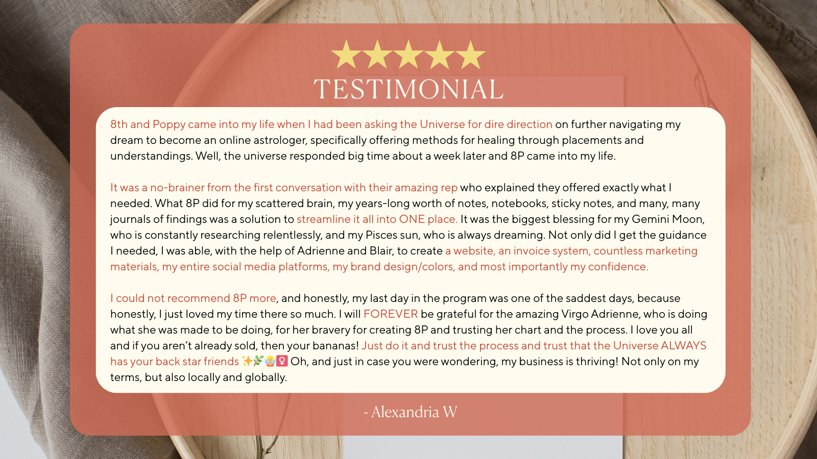 A heartfelt testimonial written on a pink overlay with a five-star rating at the top, praising an online astrology program. The text is signed by Alexandria W and includes various personal stories and emojis.