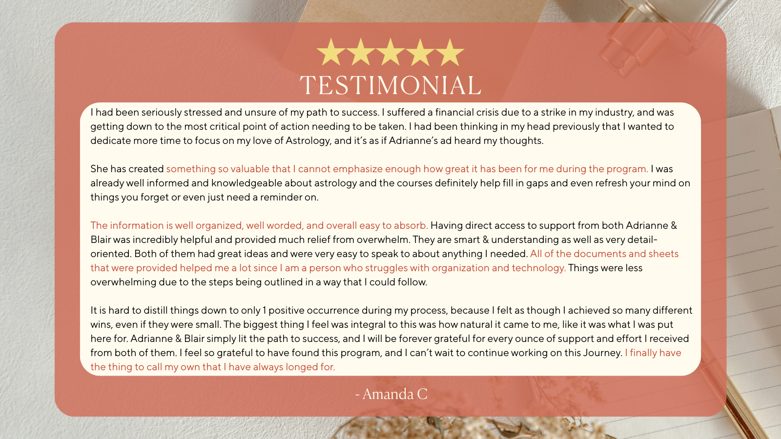 A digital testimonial with a five-star rating, showing a personal review on a colored overlay. The review mentions personal growth and gratitude, attributed to Amanda C.