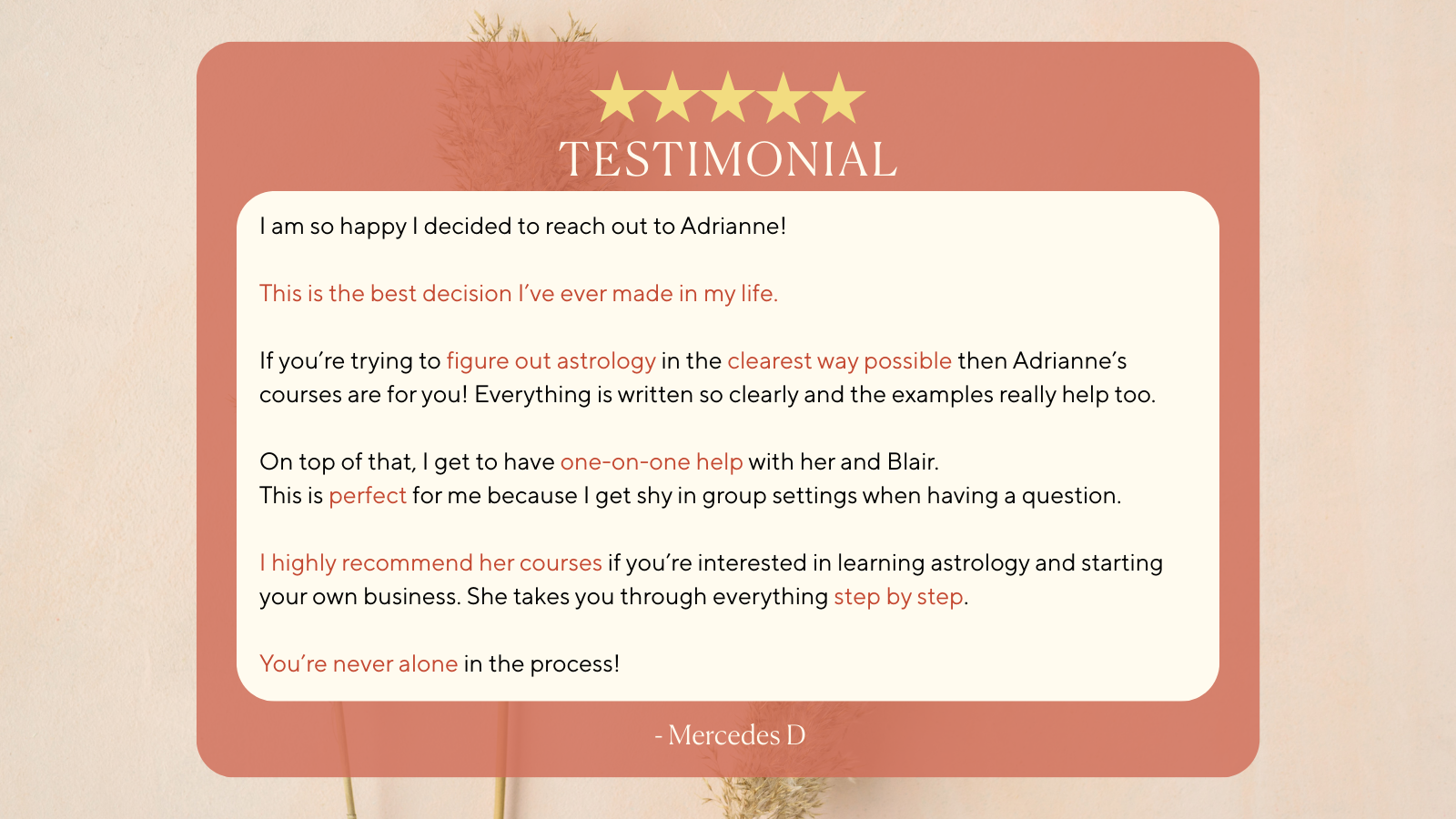 A testimonial webpage featuring a positive review from Mercedes D about astrology courses. The design has a beige background with a large pinkish-orange rounded rectangle containing the review text, a five-star rating graphic at the top, and a subtle