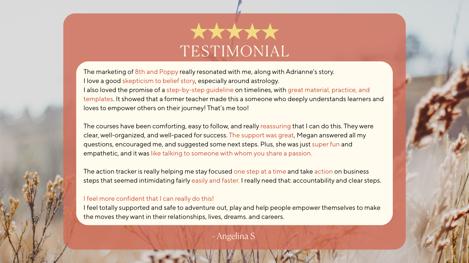 Testimonial quote on a soft pink background, with five gold stars at the top, and a blurred outdoor nature scene in the background.