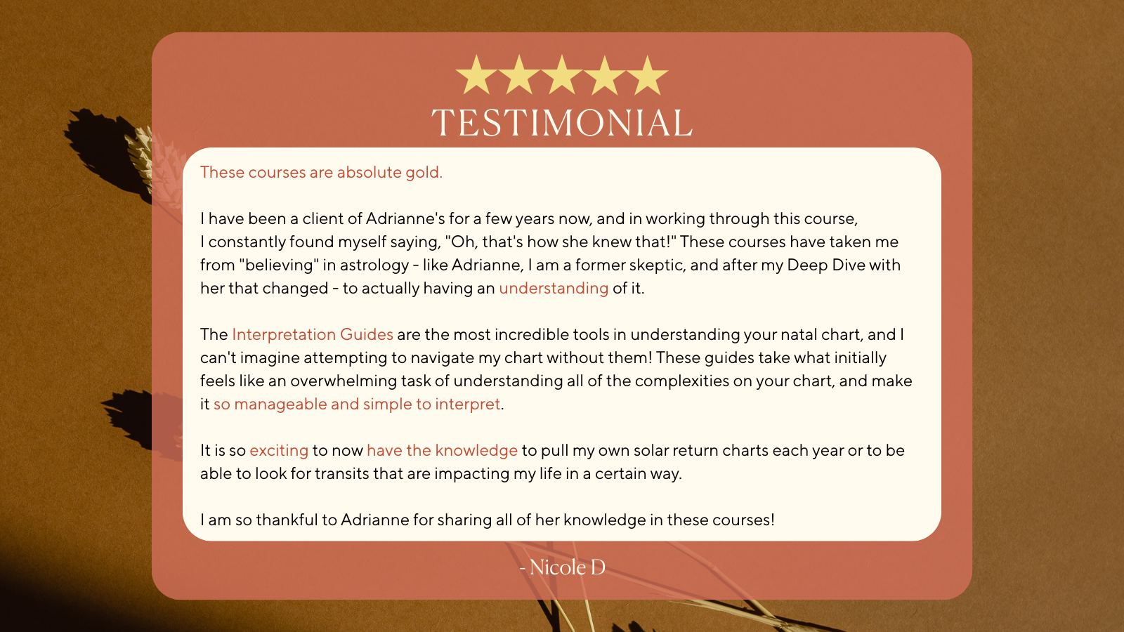 Testimonial card with 5 gold stars, pink background, white text box with a positive review about astrology courses, and a signature by Nicole D, set on a floral background.