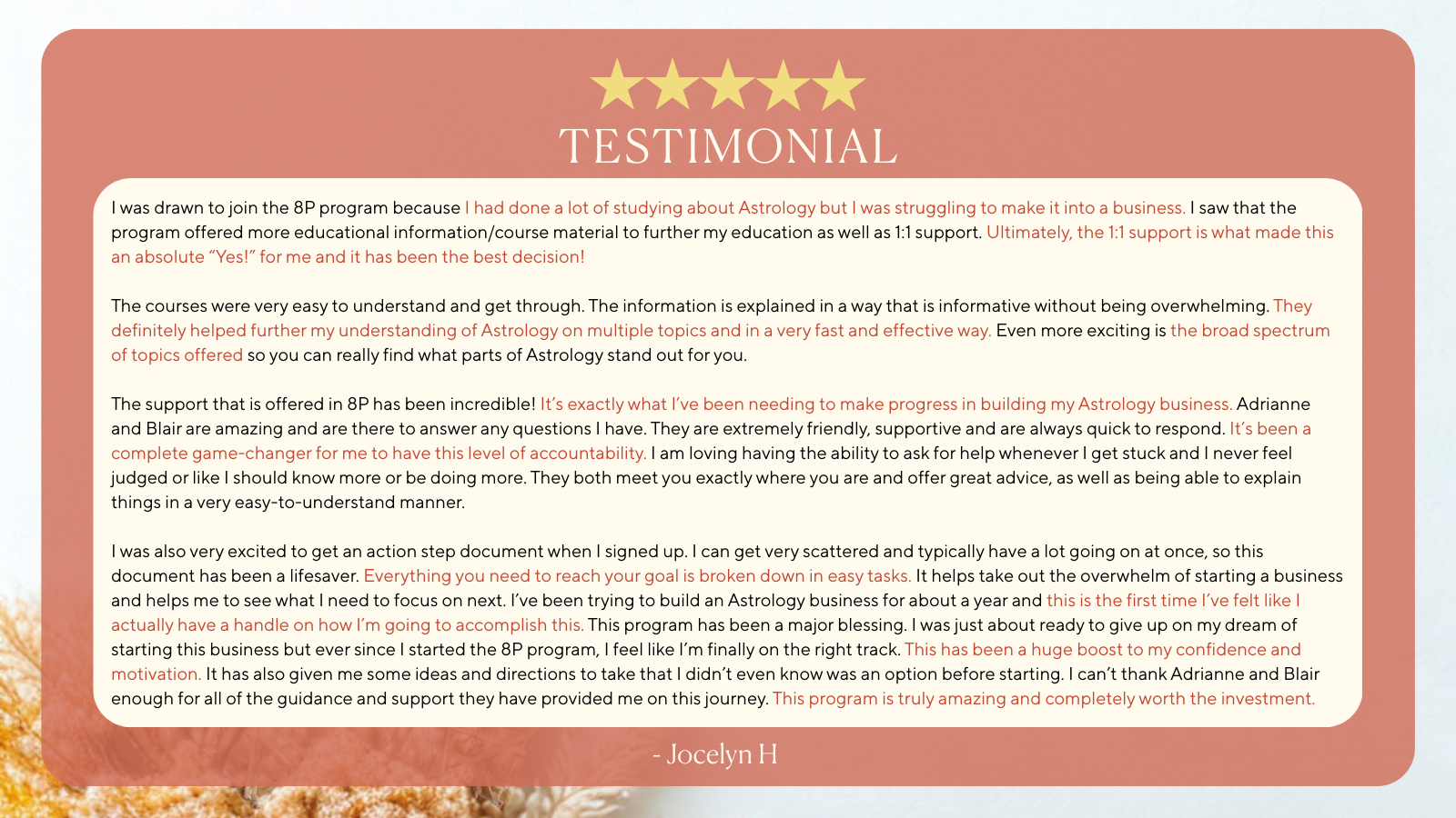 Testimonial for a program, showing a five-star rating, background with warm colors, and a detailed positive review from Jocelyn H about learning astrology and building her astrology business, mentioning support from Adrianne and Blair.