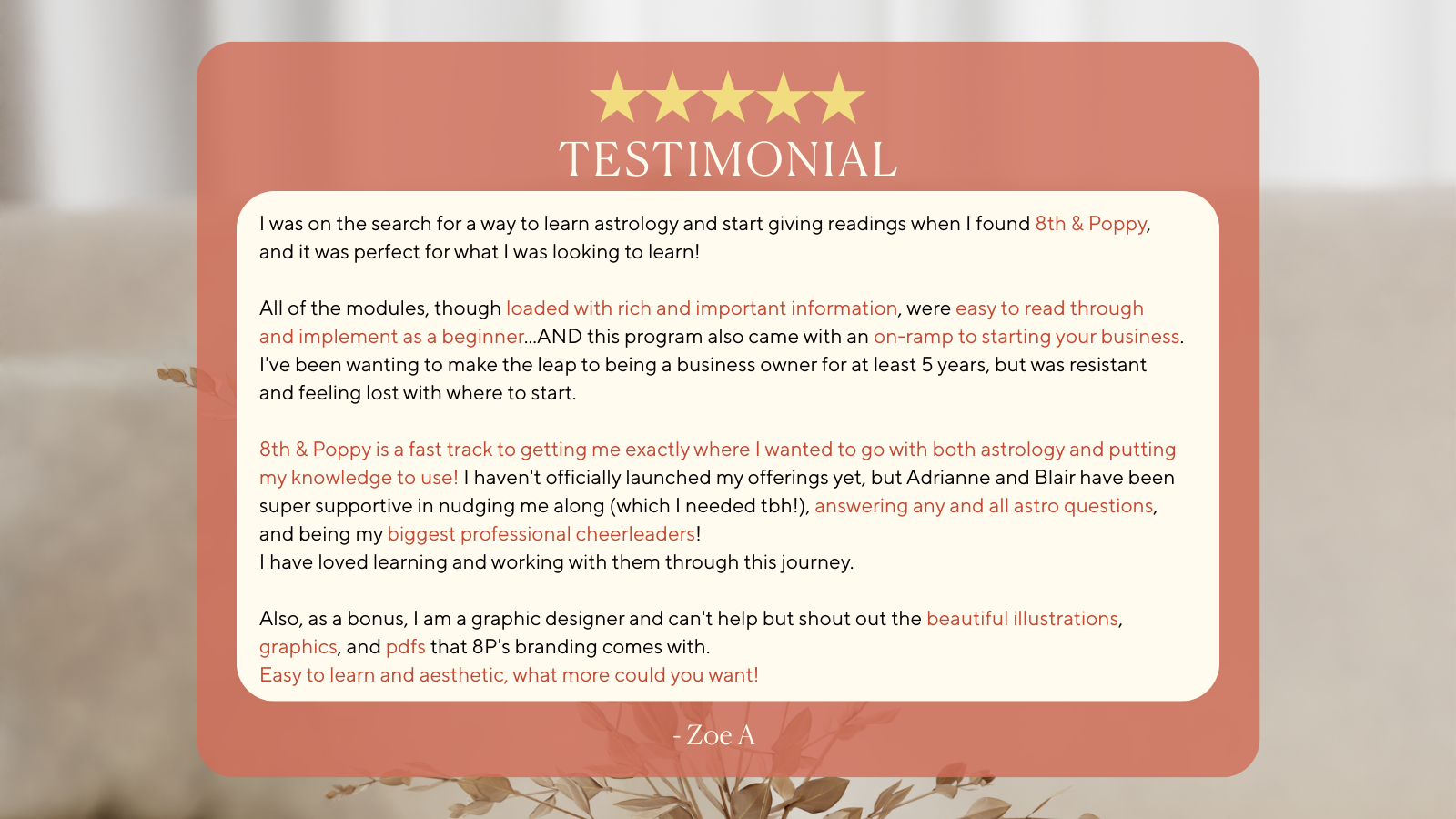 Testimonial card with five gold stars at the top, titled 'TESTIMONIAL'. It contains a paragraph of positive feedback about an astrology and business program, with highlighted phrases in red. The card features a soft background with dried flower illus