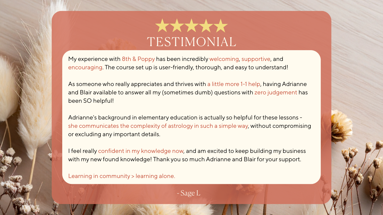 Testimonial card with five gold stars, showing a positive review about a course, featuring a beige background with dried flowers on the left side.