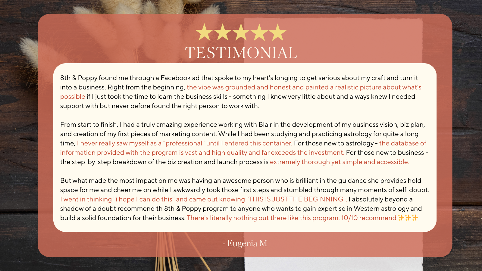 Testimonial card with five gold stars, titled 'TESTIMONIAL'. The testimonial is written by Eugenia M, praising the 8th & Poppy program for business and astrology skills, with emphasis on support, step-by-step process, and personal growth.