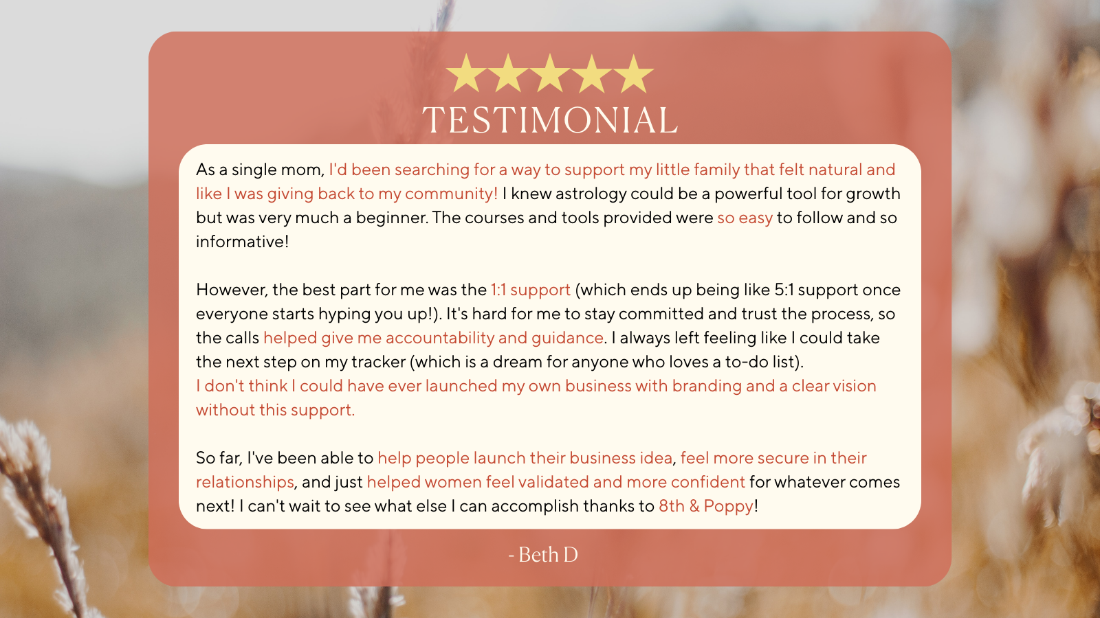Testimonial with five gold stars, a pink rectangular overlay, and a beige background with dried flowers.