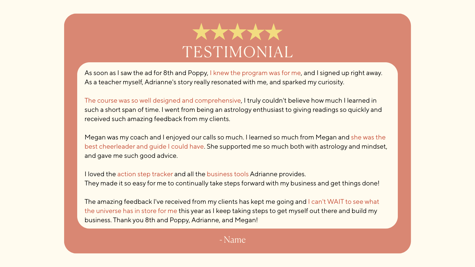 A testimonial graphic with five gold stars at the top, the title 'TESTIMONIAL' below, and a beige background with a rounded rectangular design. It contains a paragraph of positive feedback about a program, mentioning a course, coaching, tools, and th