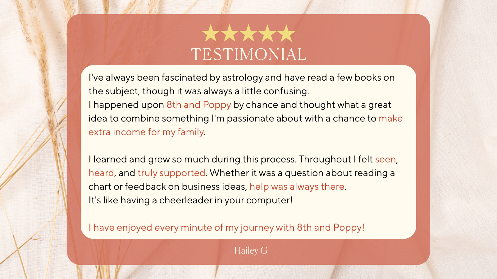 A testimonial graphic with five yellow stars at the top, a blush pink rounded rectangle background, and a cream-colored text box containing a positive review about astrology and business ideas, signed by Hailey G.