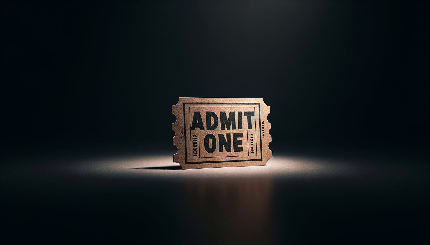 A single, brown theater-style ticket with the words "ADMIT ONE" printed in black, sitting on a surface with a dark background and spotlight shining on it.