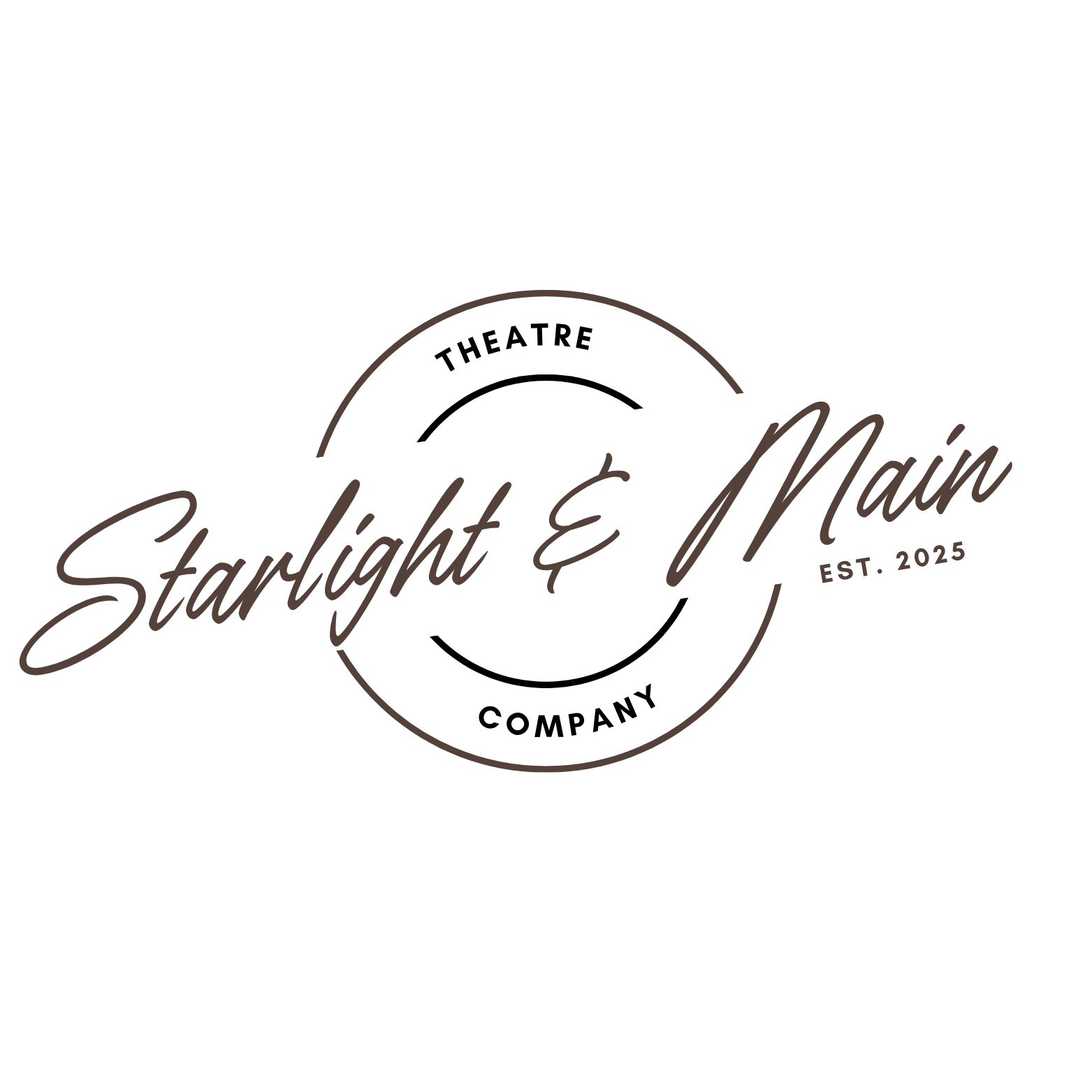Logo for Starlight & Main, a company established in 2025, featuring the words 'Theatre Company' in a circular design around the name with a modern script font.