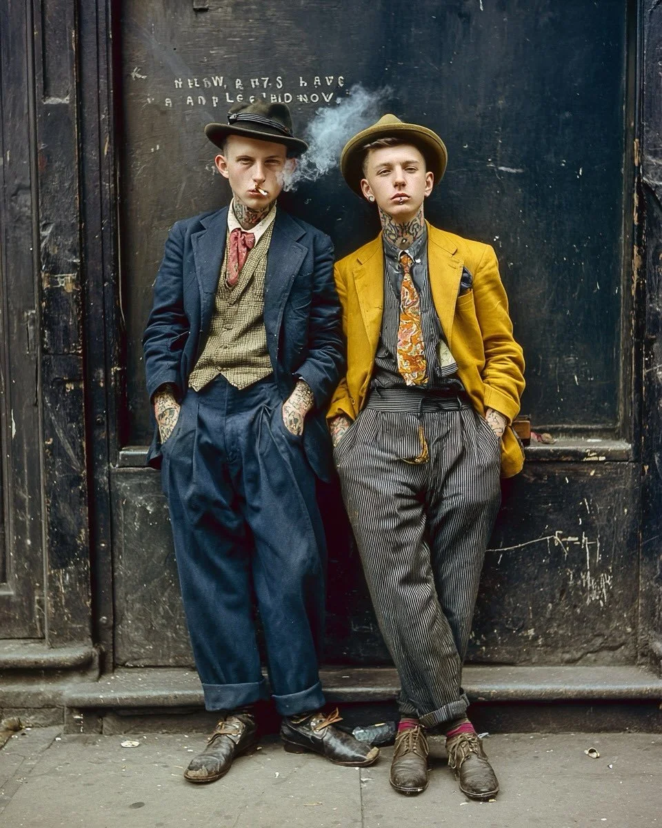 They were young kings of the backstreets,
tattoos like armour,
laughing in the smoke of their own rebellion.
the dogs and horses knew their names,
and the pubs held their shadows long after closing time.
#vintagegang #londonstreets #streetgangsters