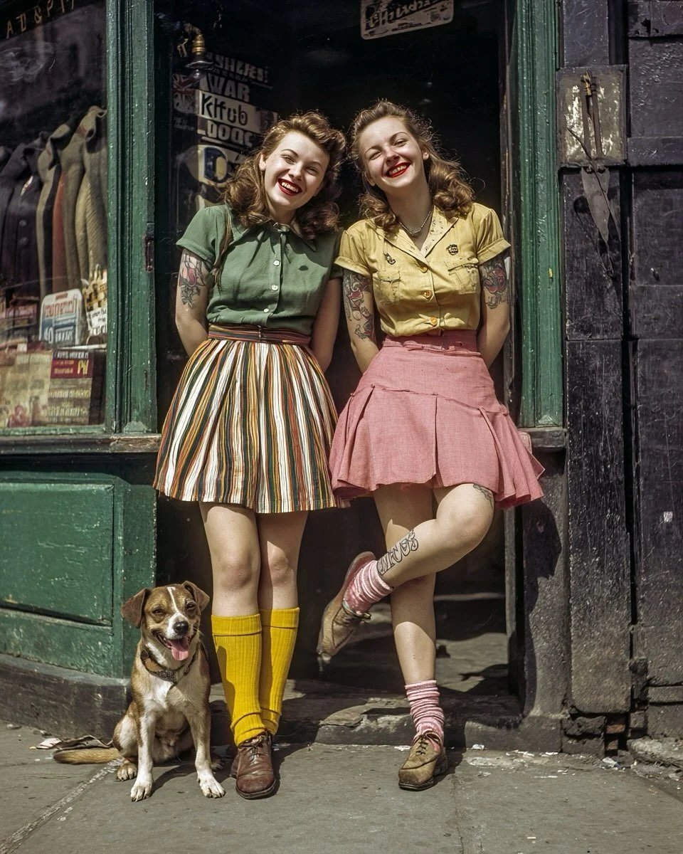 East End Girls.
Tough as the cobbles, bright as their socks.
They laughed louder than the market cries,
smoked sharper than the men who raised them,
and wore their colours like banners of defiance.
The horses, the dogs, the smoke, the grit —
al