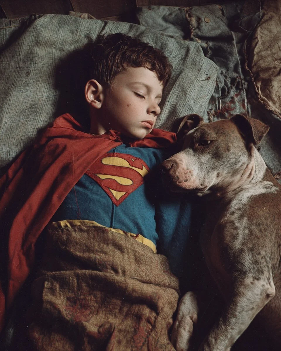‘ Just a boy, his dog and a dream ‘ 
He wakes in the quiet with his best friend at his side.
He feeds him, cares for him, plays with him.
They jump, they climb, they dare.
In the alleys, on the rooftops, among the bricks and mud —