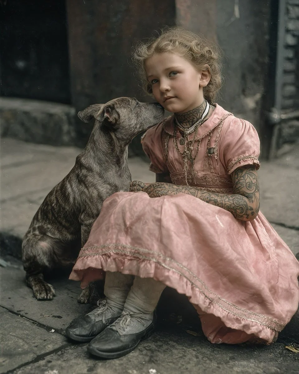 ✨ Sometimes the prettiest flowers grow through concrete.
Sometimes the softest things grow from the hardest places.
A girl in a dress, tattoos etched like stories on her skin,
dogs at her side, boys at her hands,
spinning between rubble and rooftops