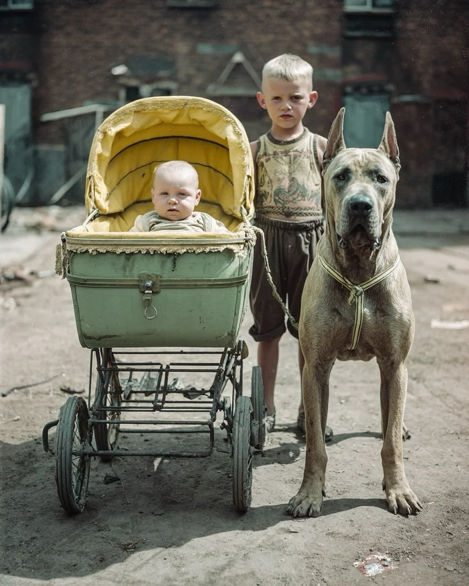 ‘ Guardians of the Innocent ‘
Among the rubble and rust, loyalty stands tall.
Dogs — the silent defenders, unshakable, unbreakable.
Children — fragile, pure, carried through the chaos.
Together, they are the old story retold: