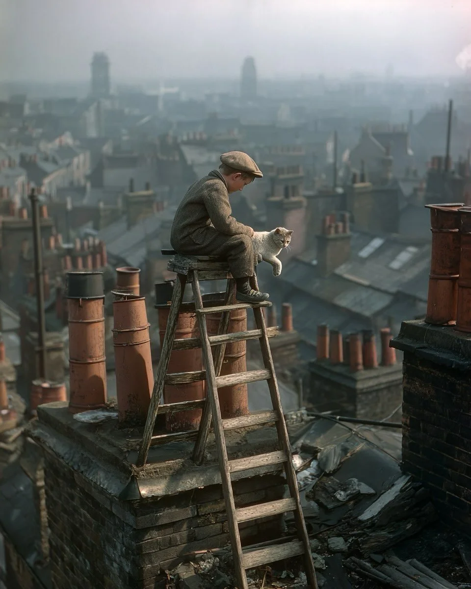 The rooftops have always had their secrets.
A boy, a ladder, and a cat clinging to the edge.
No one else up there, just them —
between the sky and the city’s smoke.
Sometimes rescue is just two souls finding each other
where no one else d